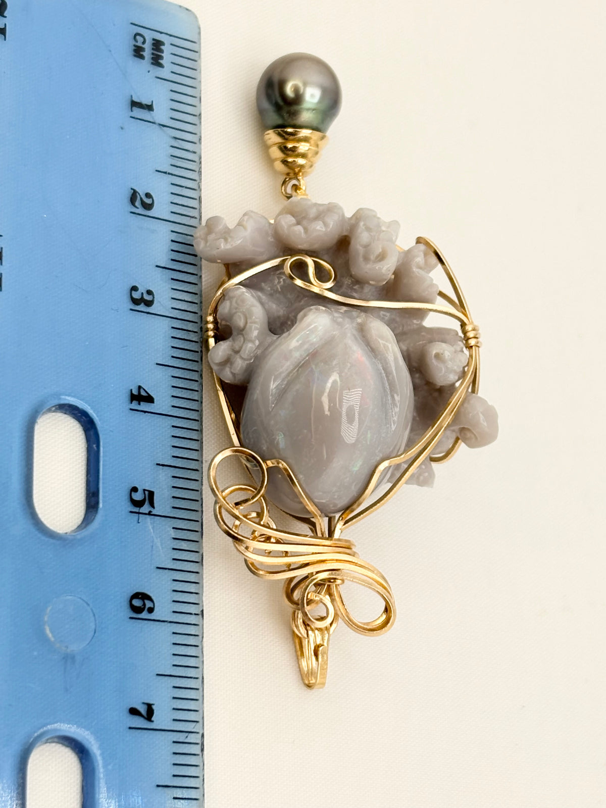 14KT Yellow Gold Hand Carved Jade Octopus  Wrapped In Wire Gold With Pearl Drop Pendant
