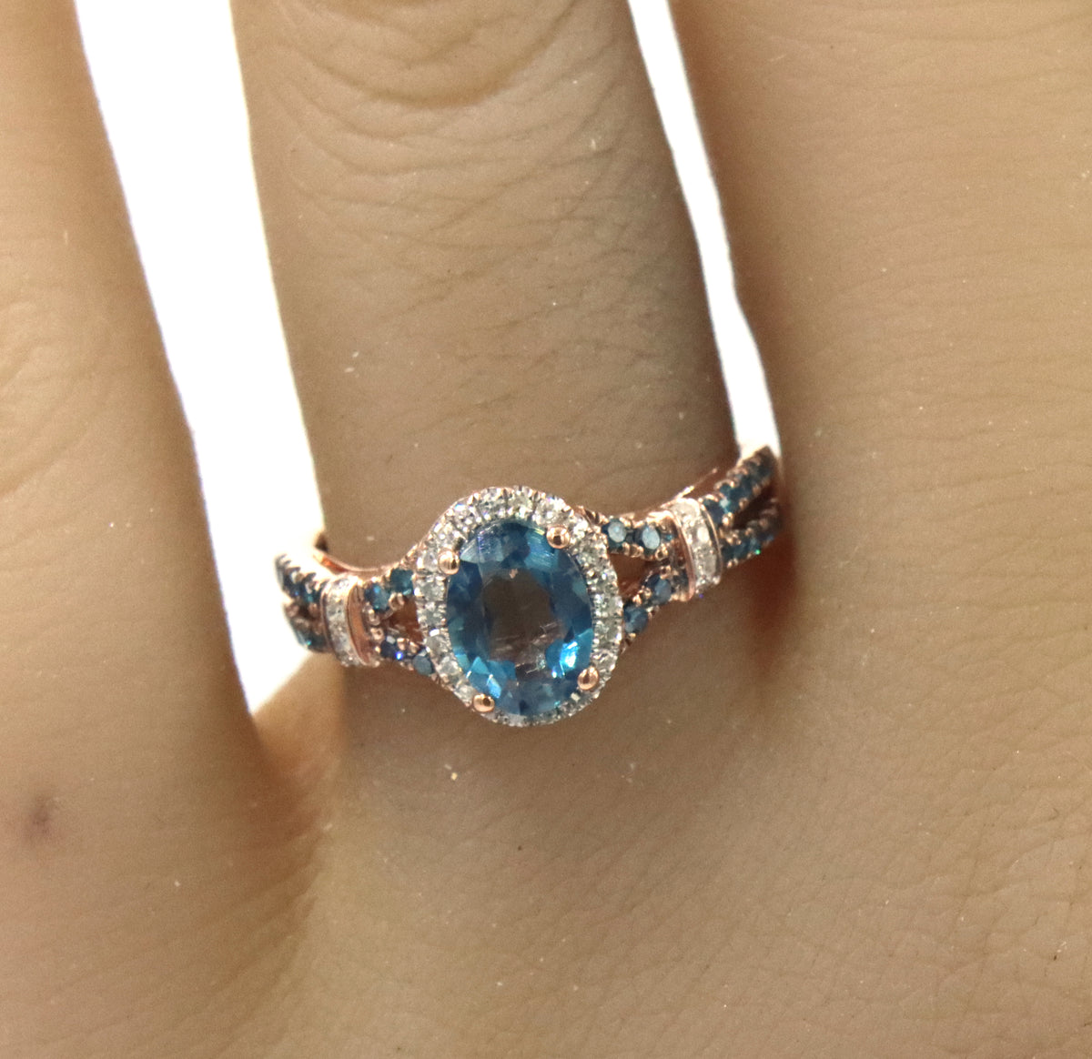 10kt Rose gold oval topaz, IR blue diamond and white diamond double halo ring