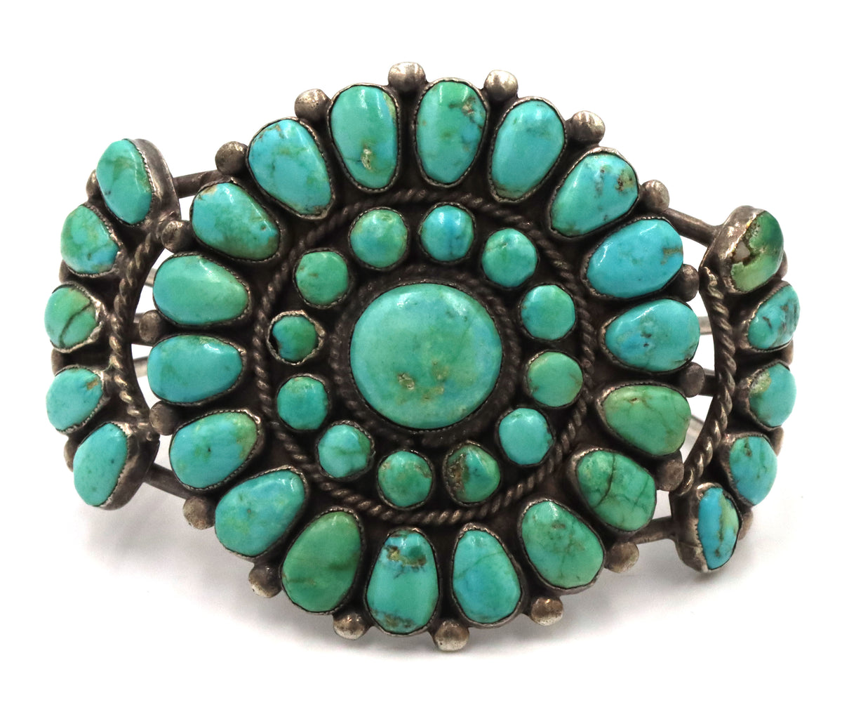 925 Sterling Silver Vintage Natiove American Natrural Turquoise Cluster Cuff Bracelet Featuring a La