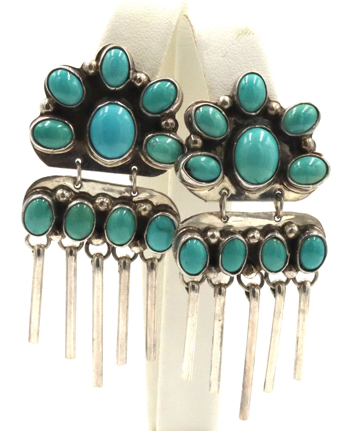 925 Sterling Silver Turquoise Flower Cluster Chandelier Dangle Earrings With Hanging Silver Fringe B