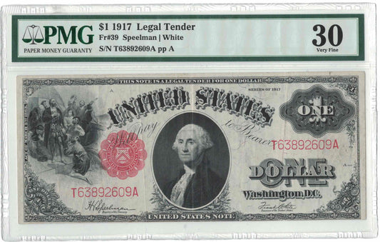 1917 $1 Legal Tender Note – Fr# 39 – PMG 30 Very Fine – S/N T63892609A