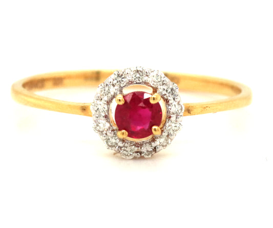 14kt Two tone gold round ruby and diamond halo ring