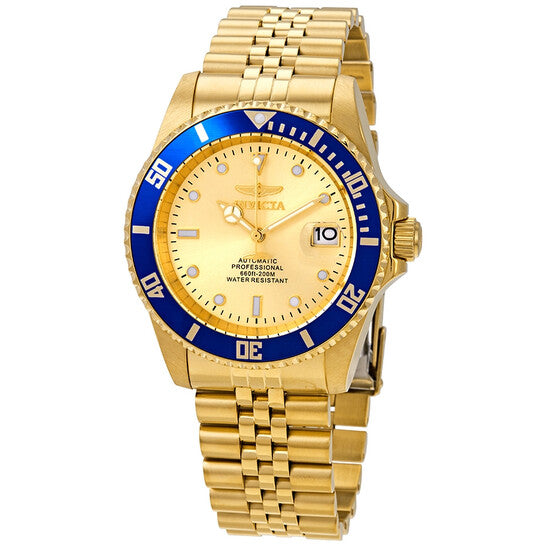 Invicta Pro Diver Automatic Men's Watch – Gold Dial, Blue Bezel, Stainless Steel Bracelet