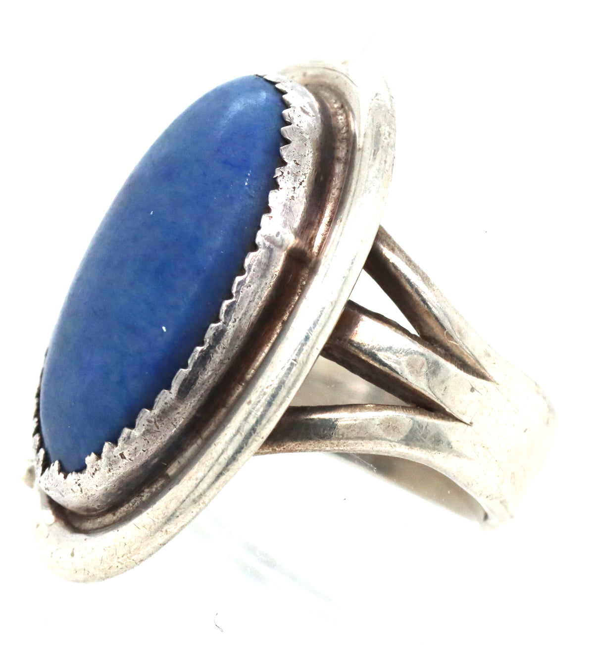 925 Sterling Silver Signed Vintage Navajo Oval Lapis With Decorative Twisted Wire Beaded Bezel Ring