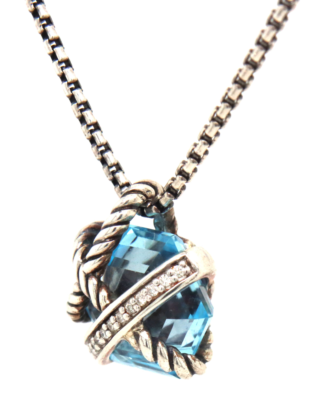David Yurman cable wrap blue topaz and diamond pendant on adjustable chain