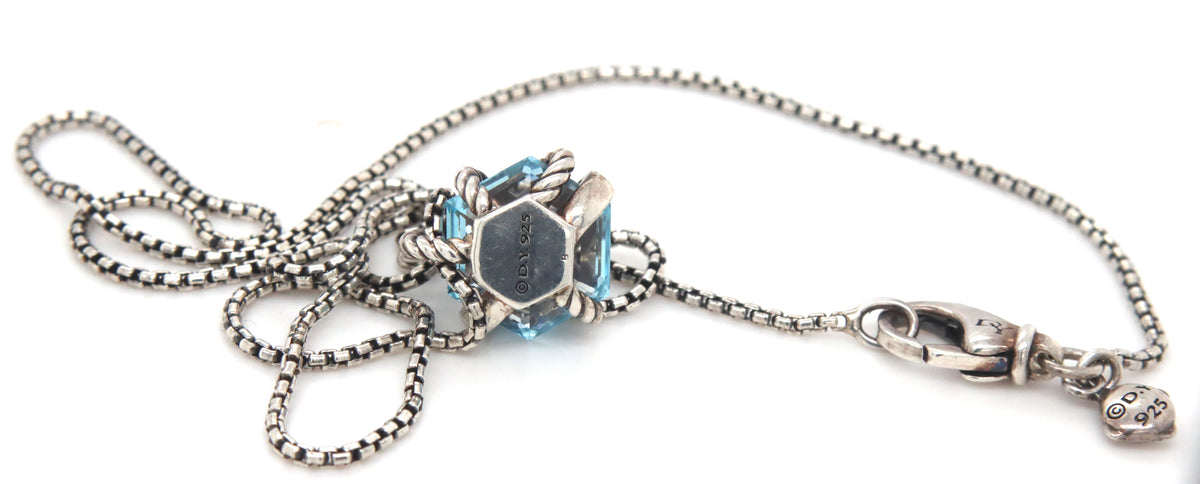 David Yurman cable wrap blue topaz and diamond pendant on adjustable chain