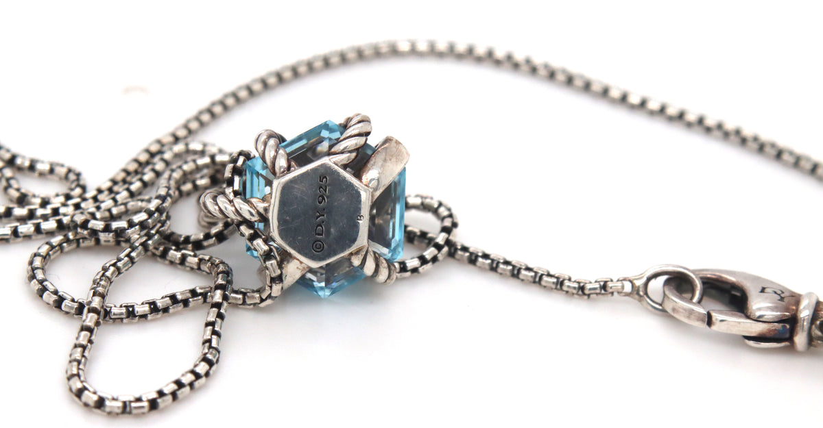 David Yurman cable wrap blue topaz and diamond pendant on adjustable chain