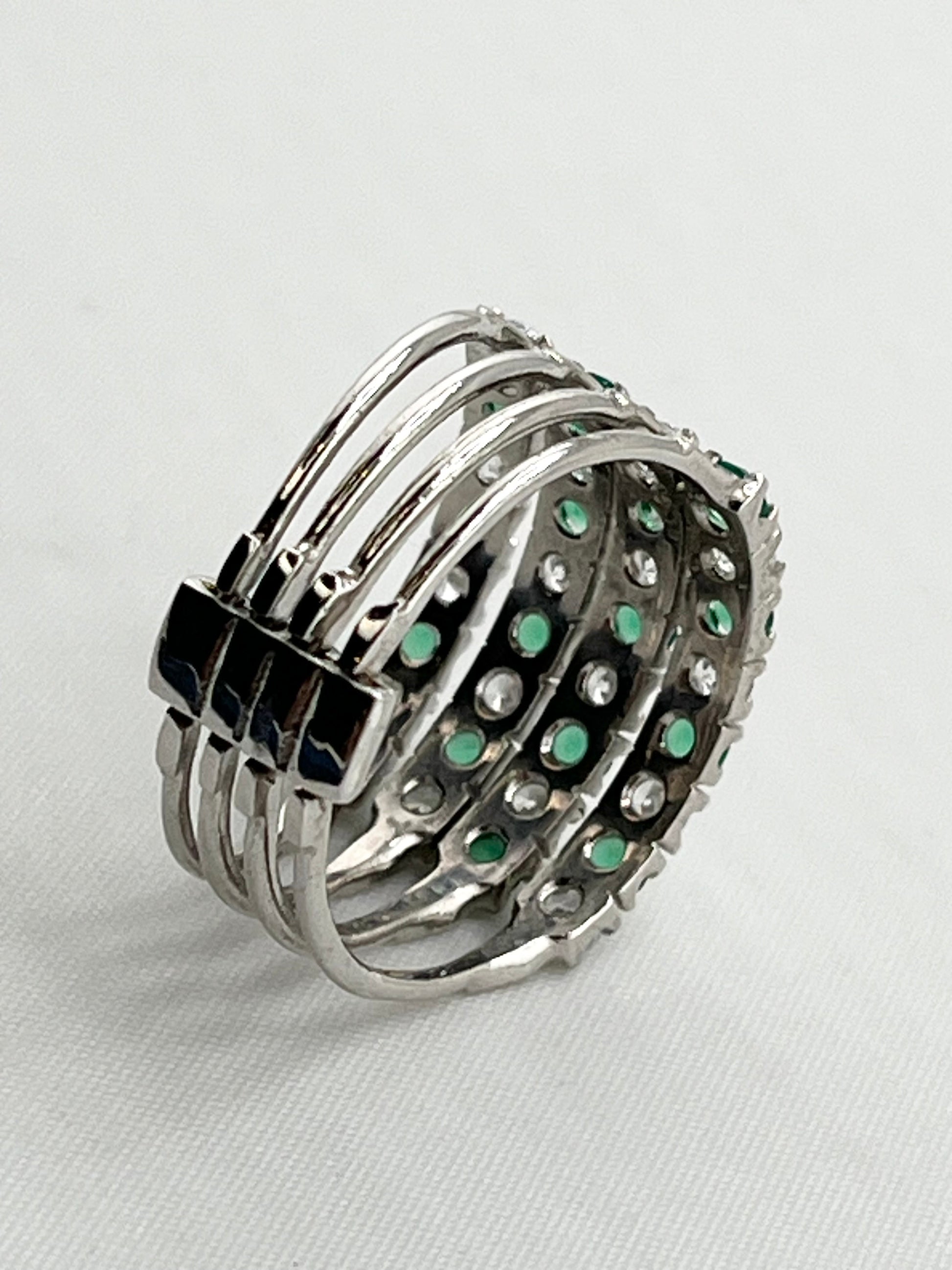925 Sterling Silver Emerald Color And CZ Attached Row Band Ring
