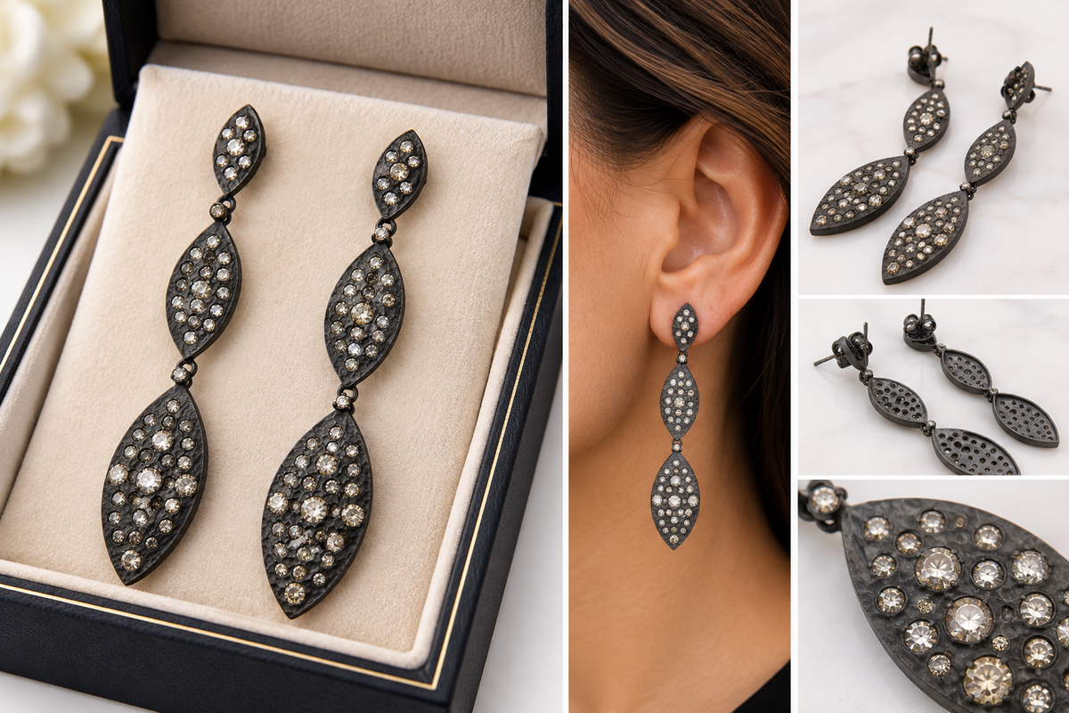 Gorgeous Oxidized Sterling Silver Earrings with Diamonds