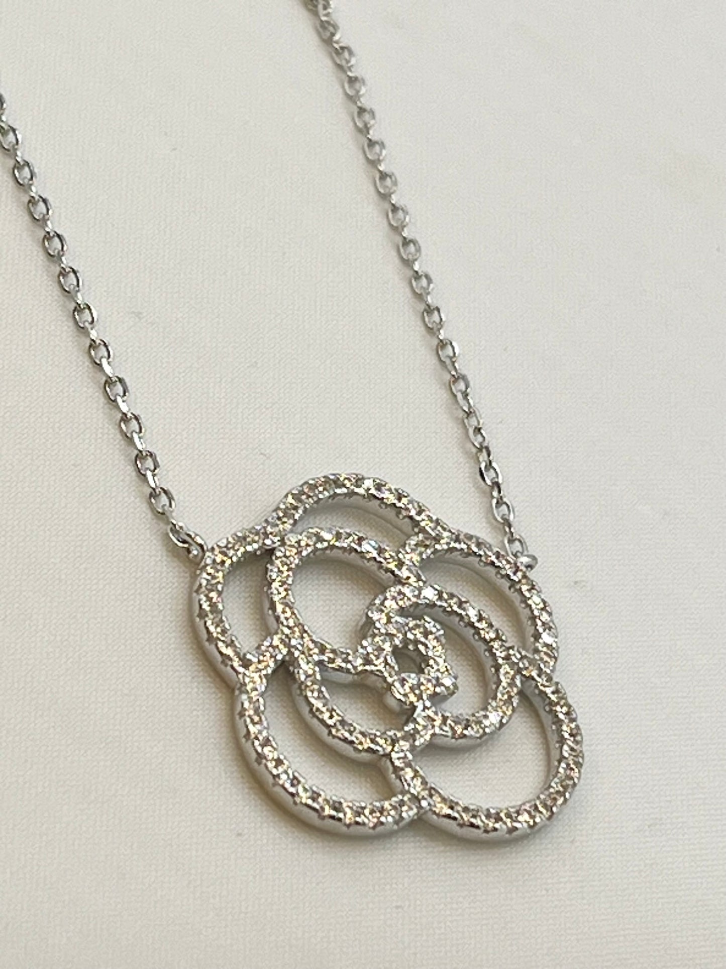 925 Sterling Silver Crystal Pave Camelia Flower Pendant