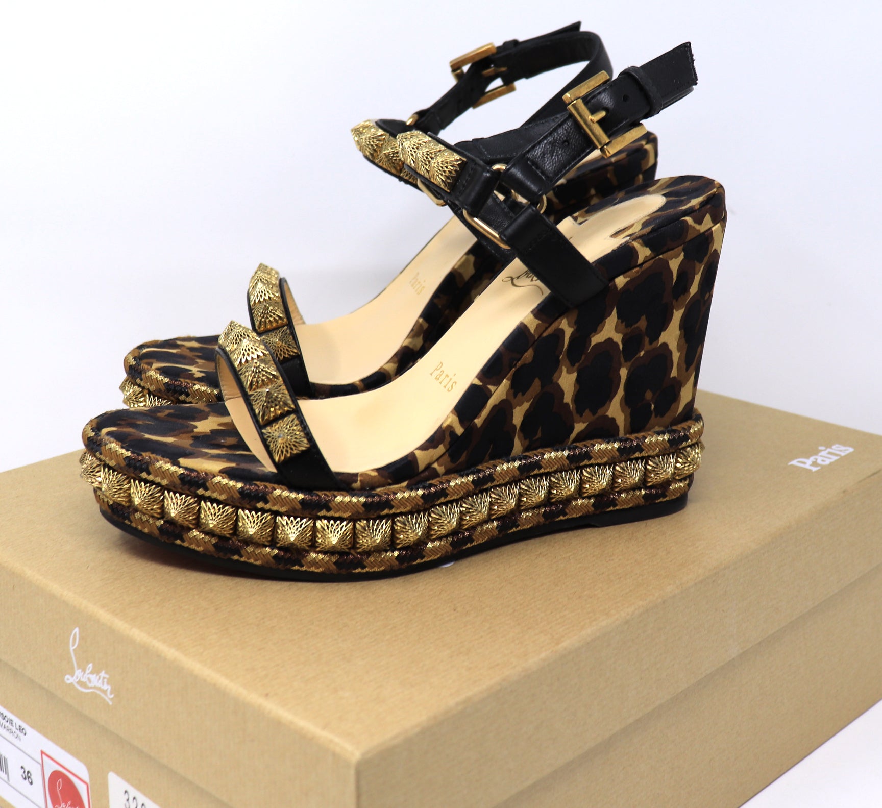 Christian Louboutin Nappa Silk Leopard Pira Ryad 110 Wedge Sandals 36 Black Marron