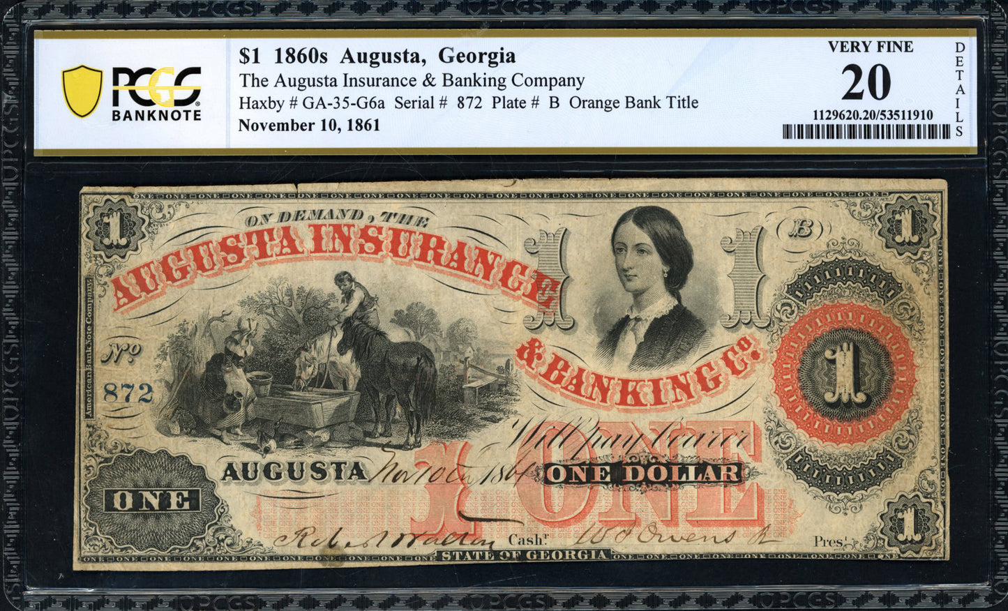 1861 Augusta Insurance & Banking Co. $1 Note Augusta, Georgia PCGS Very Fine 20 Details Nov. 10 Issu