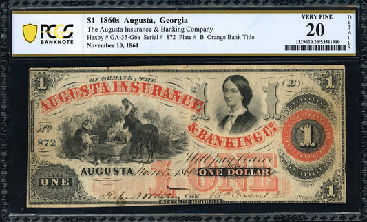 1861 Augusta Insurance & Banking Co. $1 Note Augusta, Georgia PCGS Very Fine 20 Details Nov. 10 Issu