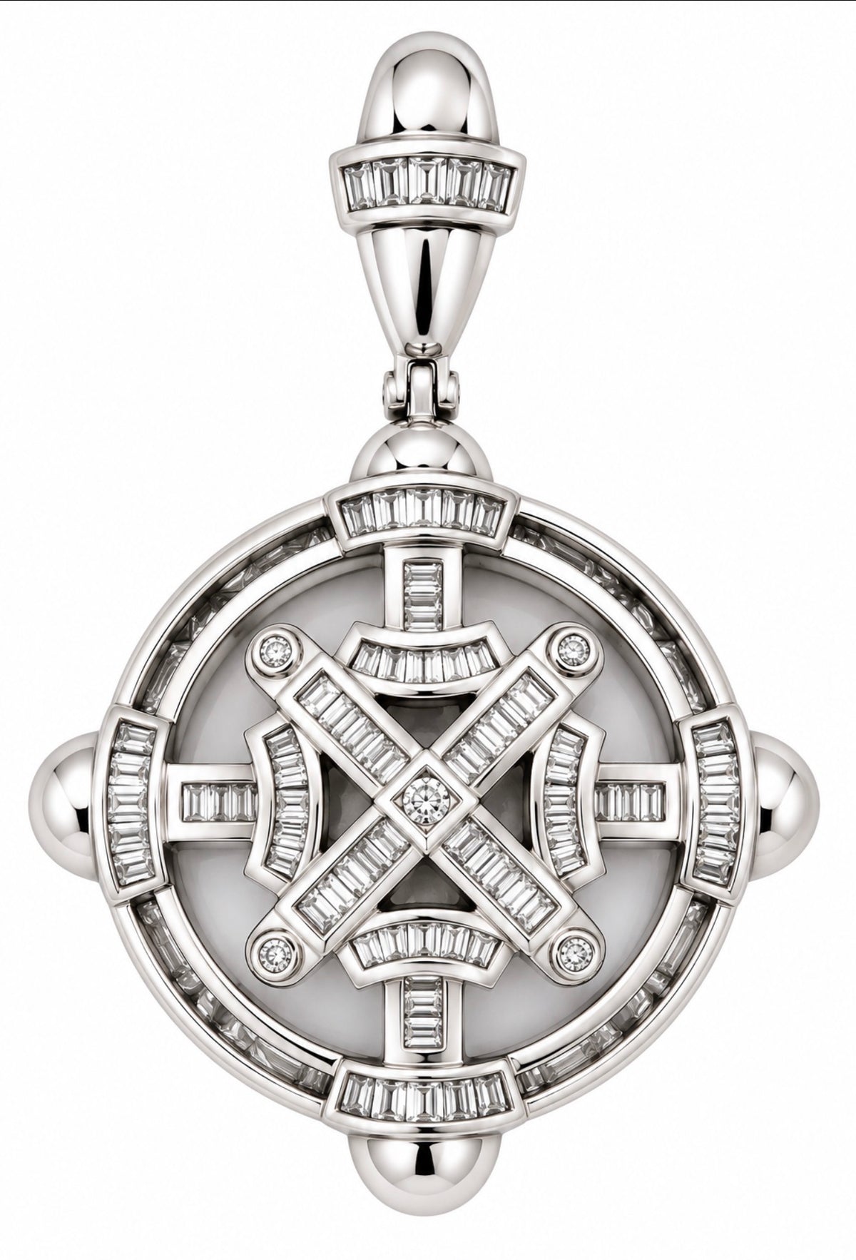 14kt White gold round brilliant and emerald cut diamond pendant