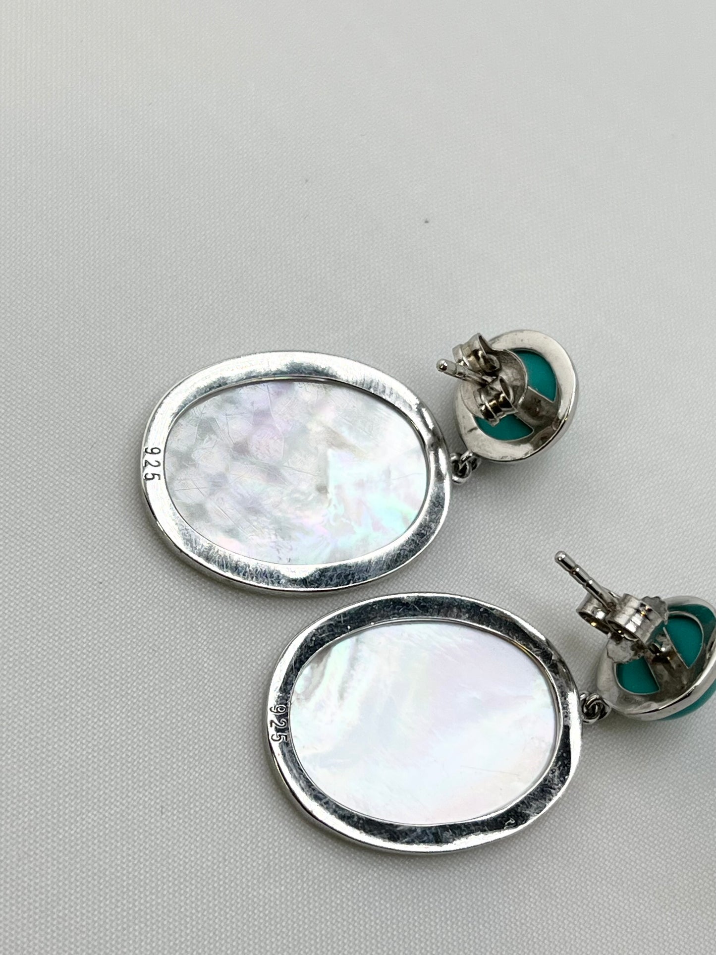925 Sterling Silver Dangle Earrings Featuring Blue Top Stone And MOP Drop Earrings