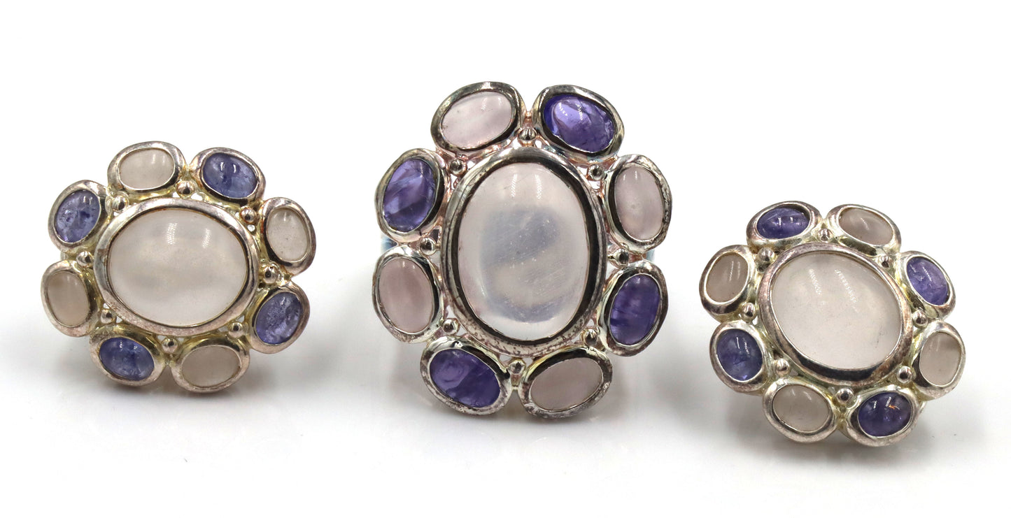 925 Sterling Silver Blue Calcedoney And Quartz Set Of Earrings And Ring