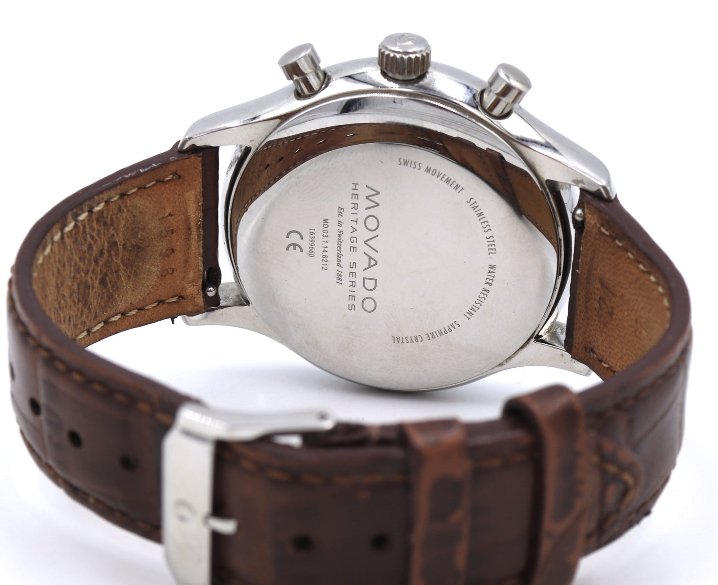 Movado Circa white dial watch with brown leather strap