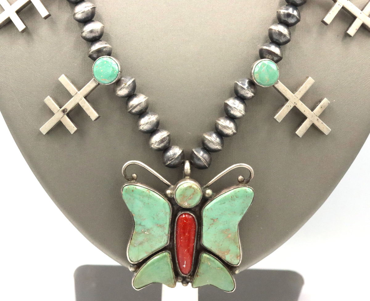 925 Sterling Silver Oscar Alexius Old Style Amertican Native Turquoise Butterfly Necklace