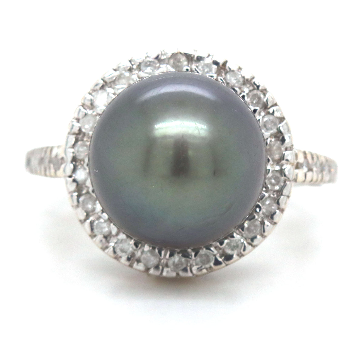 14kt White Gold Grey Tahitian Pearl and Diamond Halo Ring