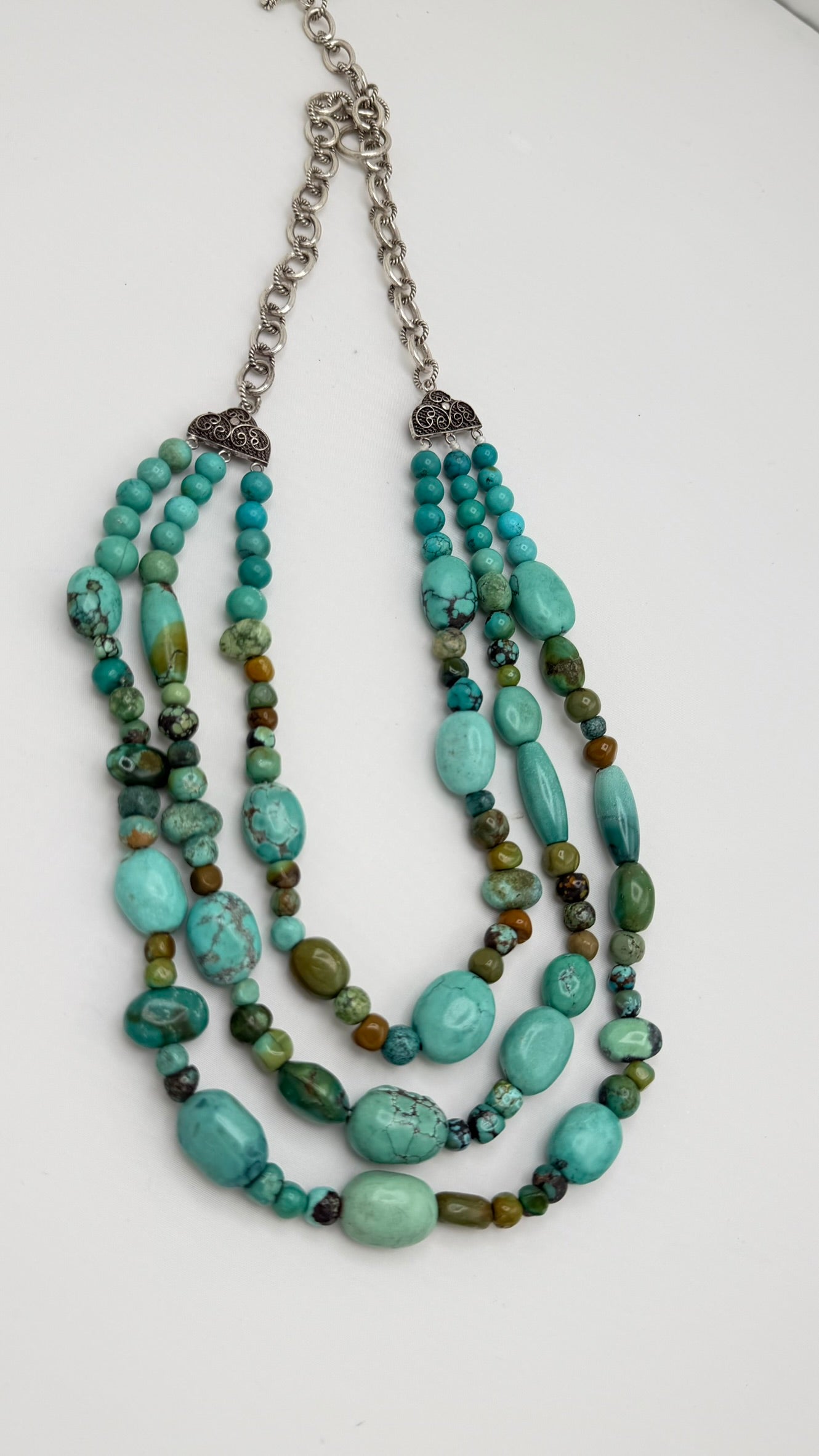 925 Sterling Silver Vintage Three Strand Turquoise Necklace