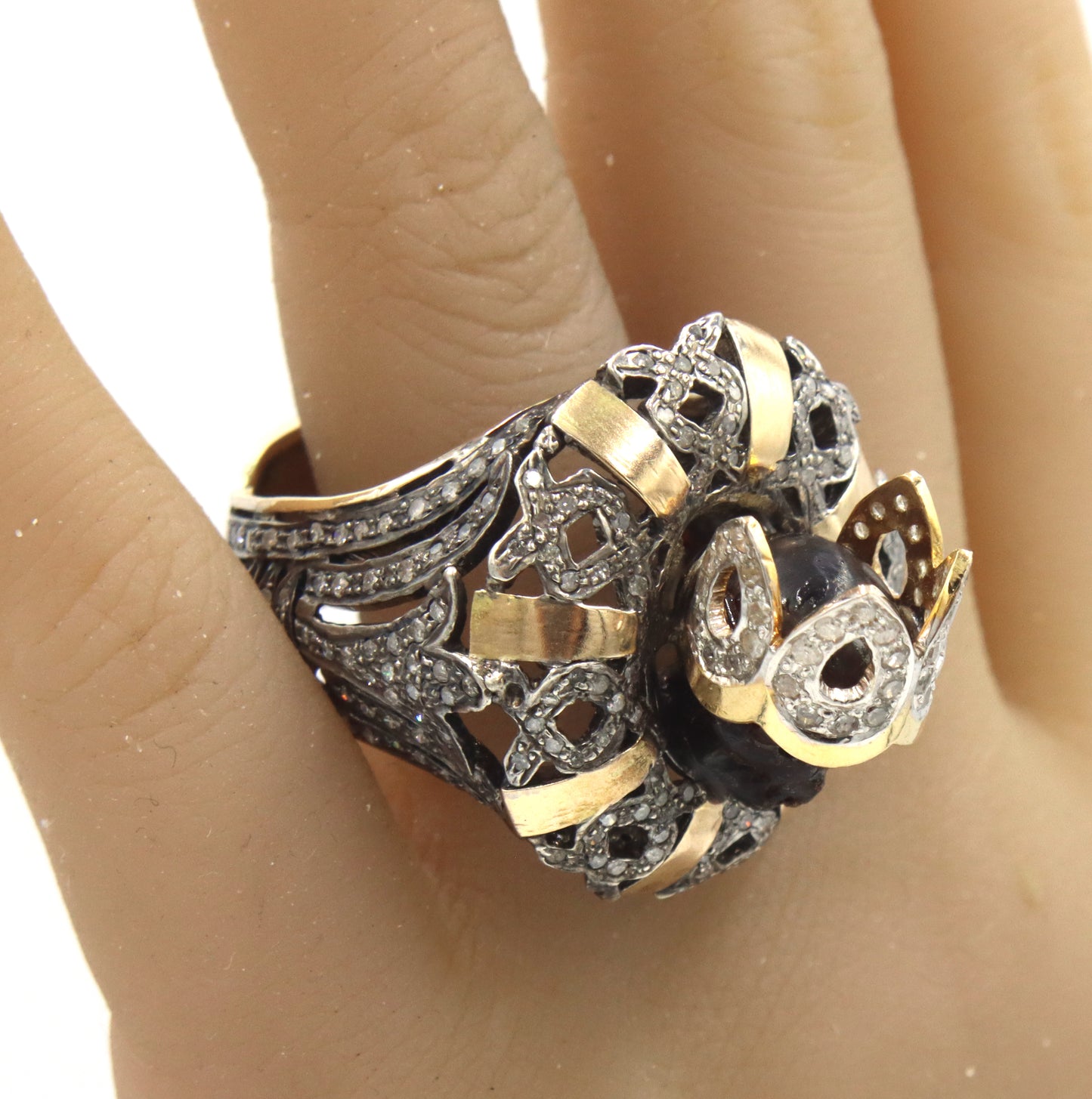 Gent's carved stone skull silver and 10kt gold diamond ring