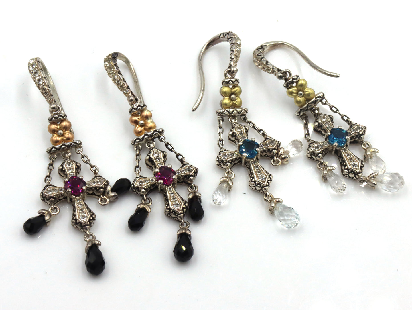 2 Pairs of Barbara Bixby sterling silver blue topaz and garnet Cross dangle earrings