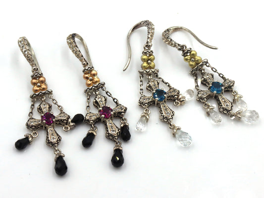 2 Pairs of Barbara Bixby sterling silver blue topaz and garnet Cross dangle earrings
