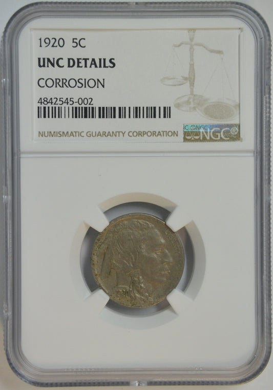 1920 Buffalo Nickel 5C NGC UNC Details Corrosion Early Date Type Coin