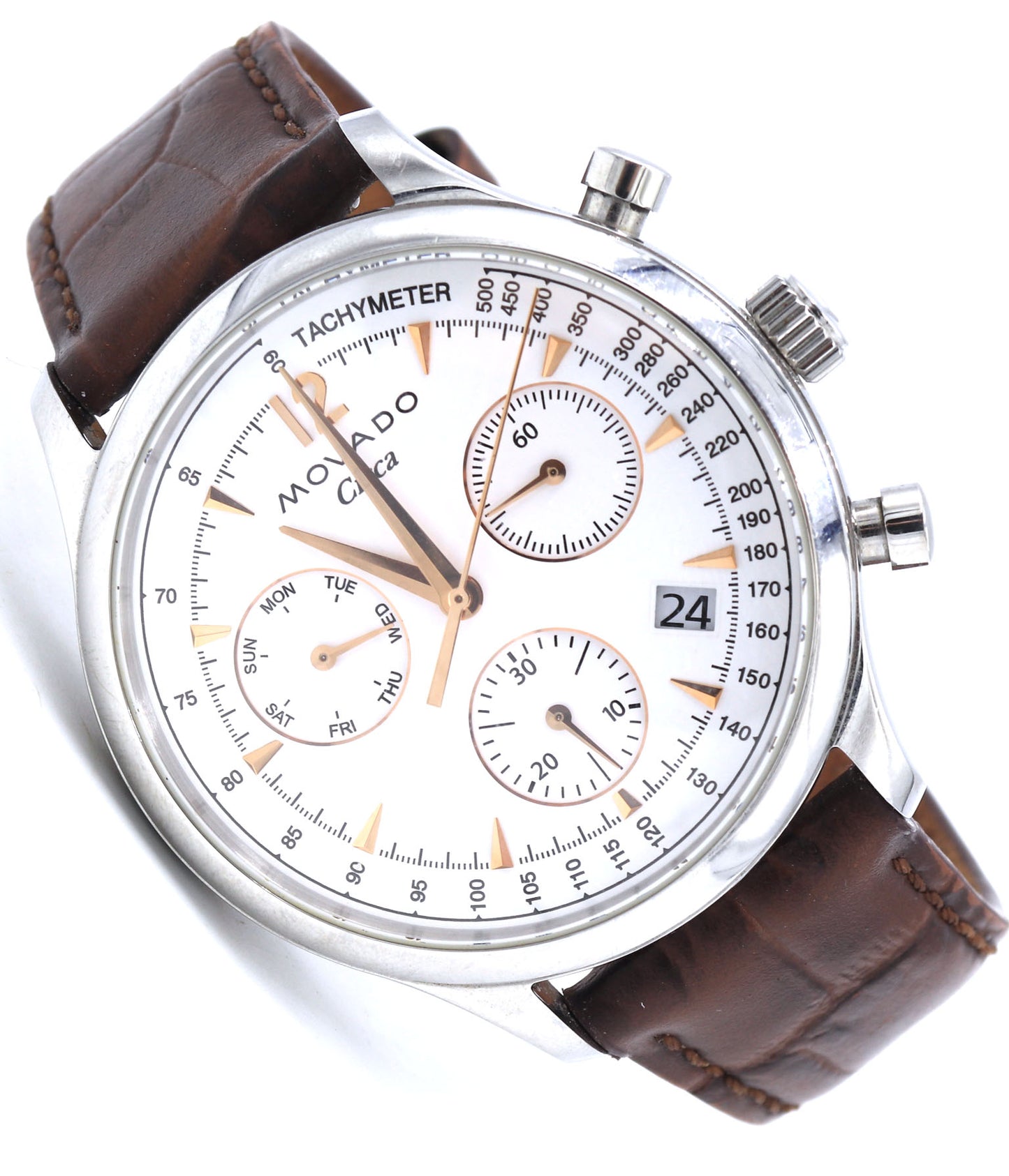 Movado Circa white dial watch with brown leather strap