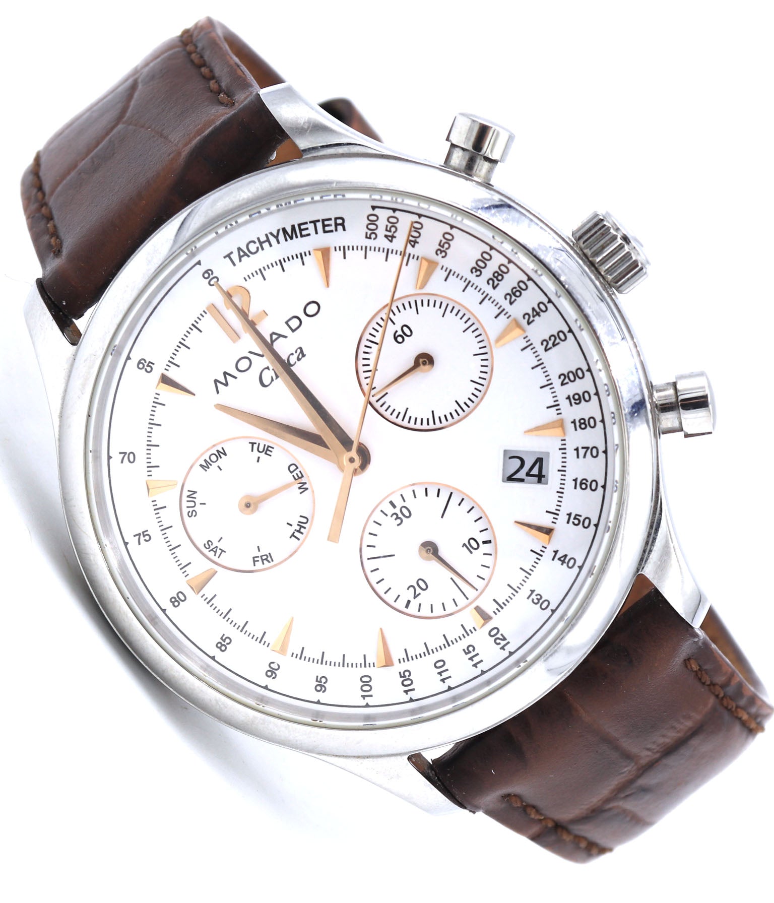 Movado Circa white dial watch with brown leather strap