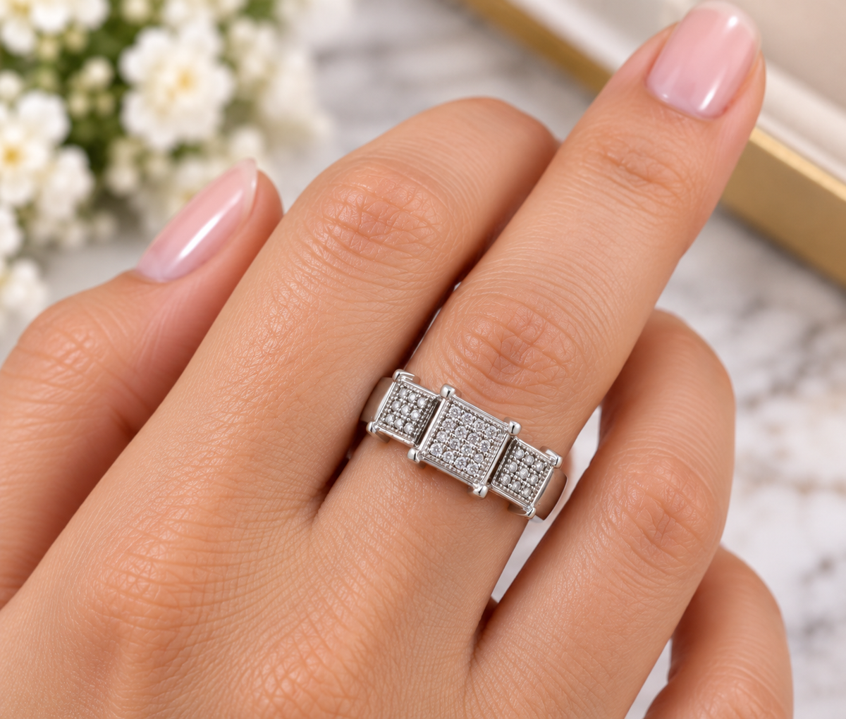 Dazzling 14KT White Gold Diamond Pave Three Setting Ring