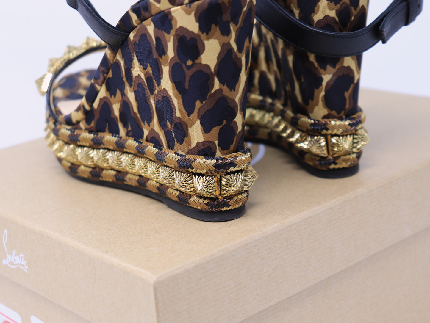 Christian Louboutin Nappa Silk Leopard Pira Ryad 110 Wedge Sandals 36 Black Marron