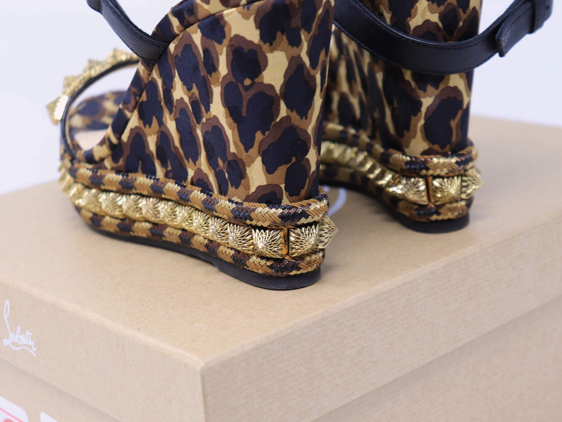 Christian Louboutin Nappa Silk Leopard Pira Ryad 110 Wedge Sandals 36 Black Marron