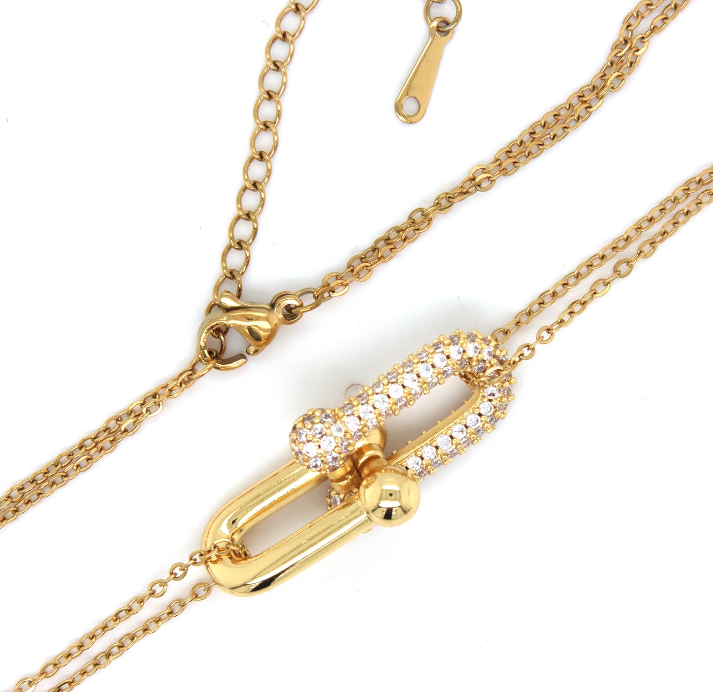 Stainless steel crystal pendant double row chain necklace