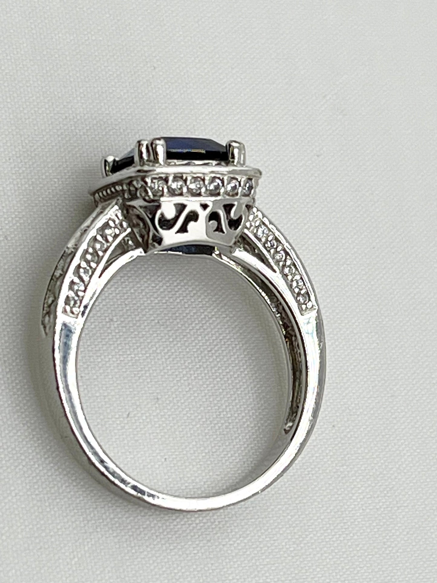 925 Sterling Silver Two Carat Blue Sapphire With CZ Halo ring