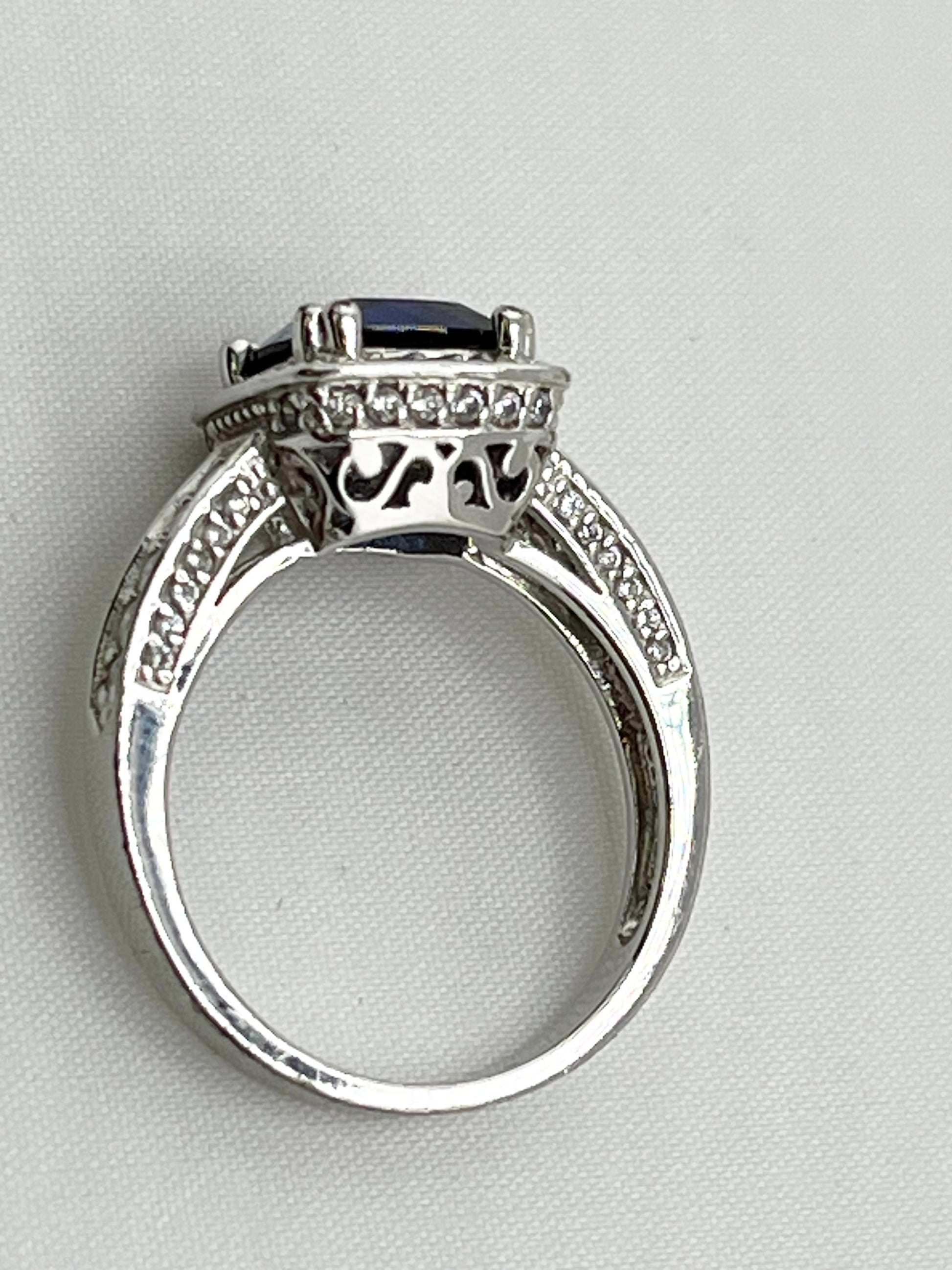 925 Sterling Silver Two Carat Blue Sapphire With CZ Halo ring