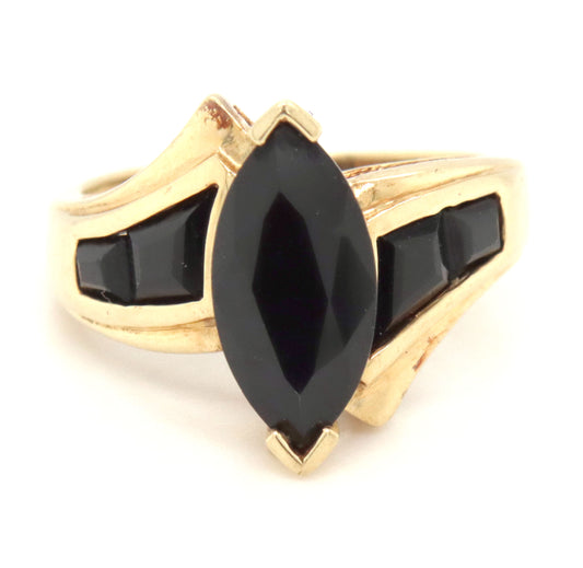 14kt Yellow gold marquise and baguette black onyx ring