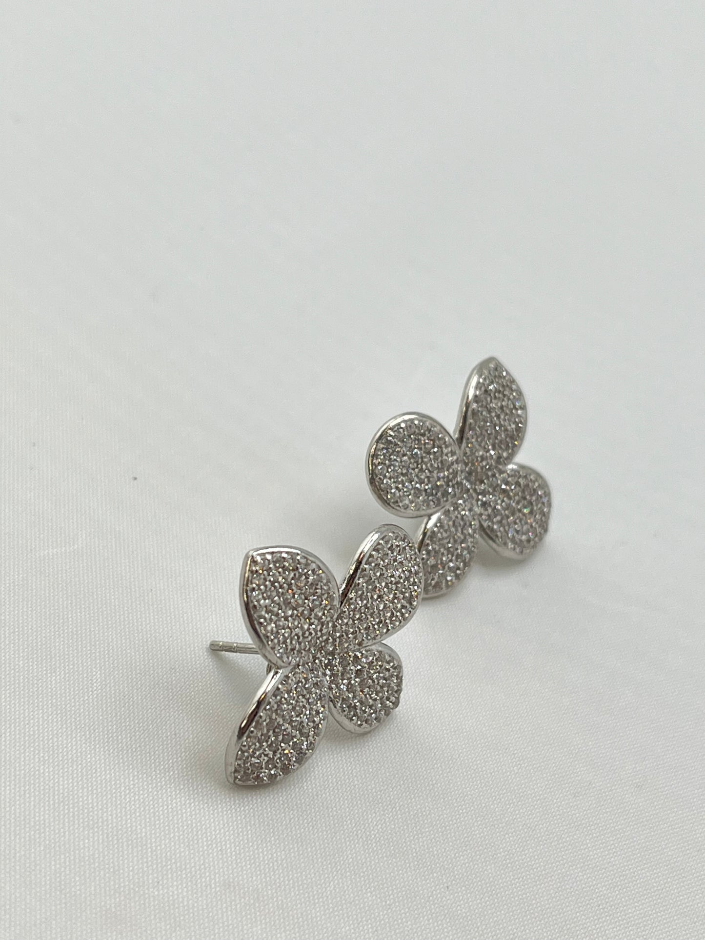 925 Sterling Silver Crystal Pave Four Petal Floral Motif Earrings