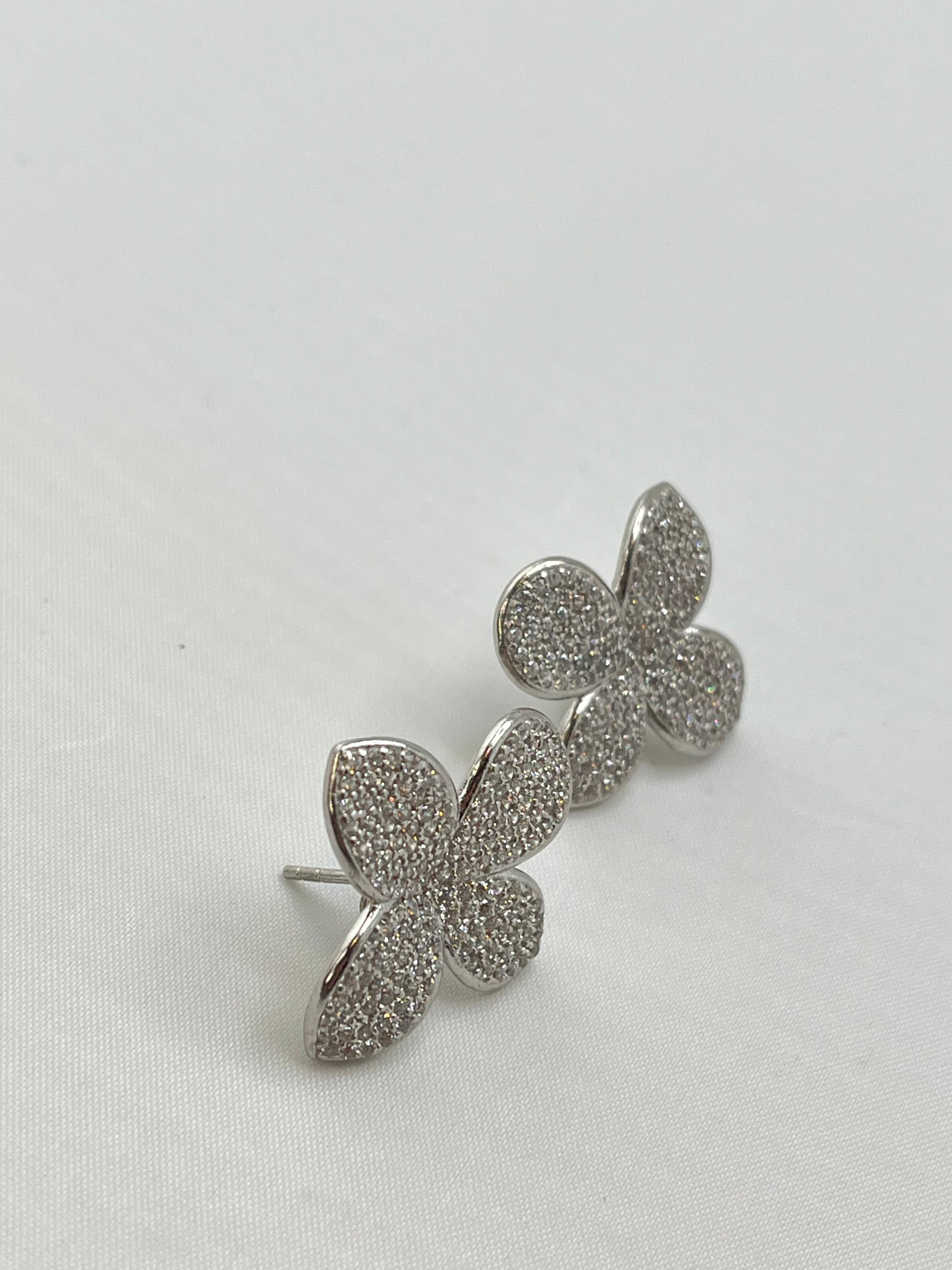 925 Sterling Silver Crystal Pave Four Petal Floral Motif Earrings