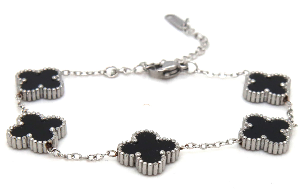 Stainless steel black onyx clover link bracelet