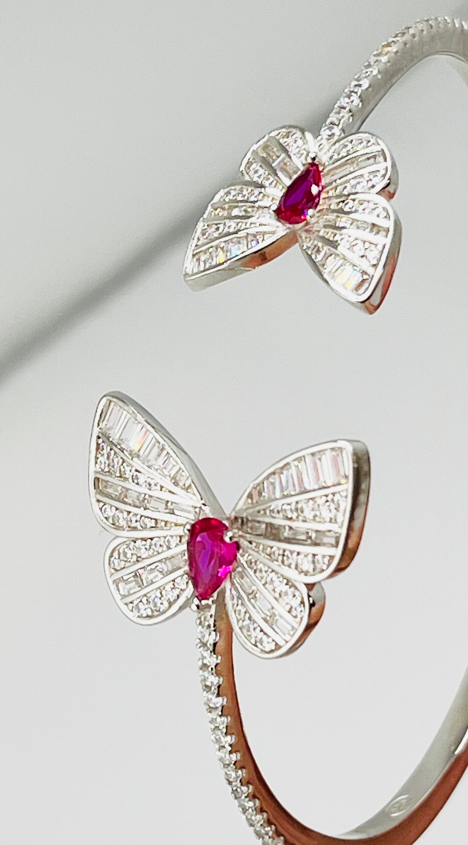 925 Sterling Silver Stunning Twin Butterfly Cuff With Baguette And Round Rhinestone Cuff Bracelet