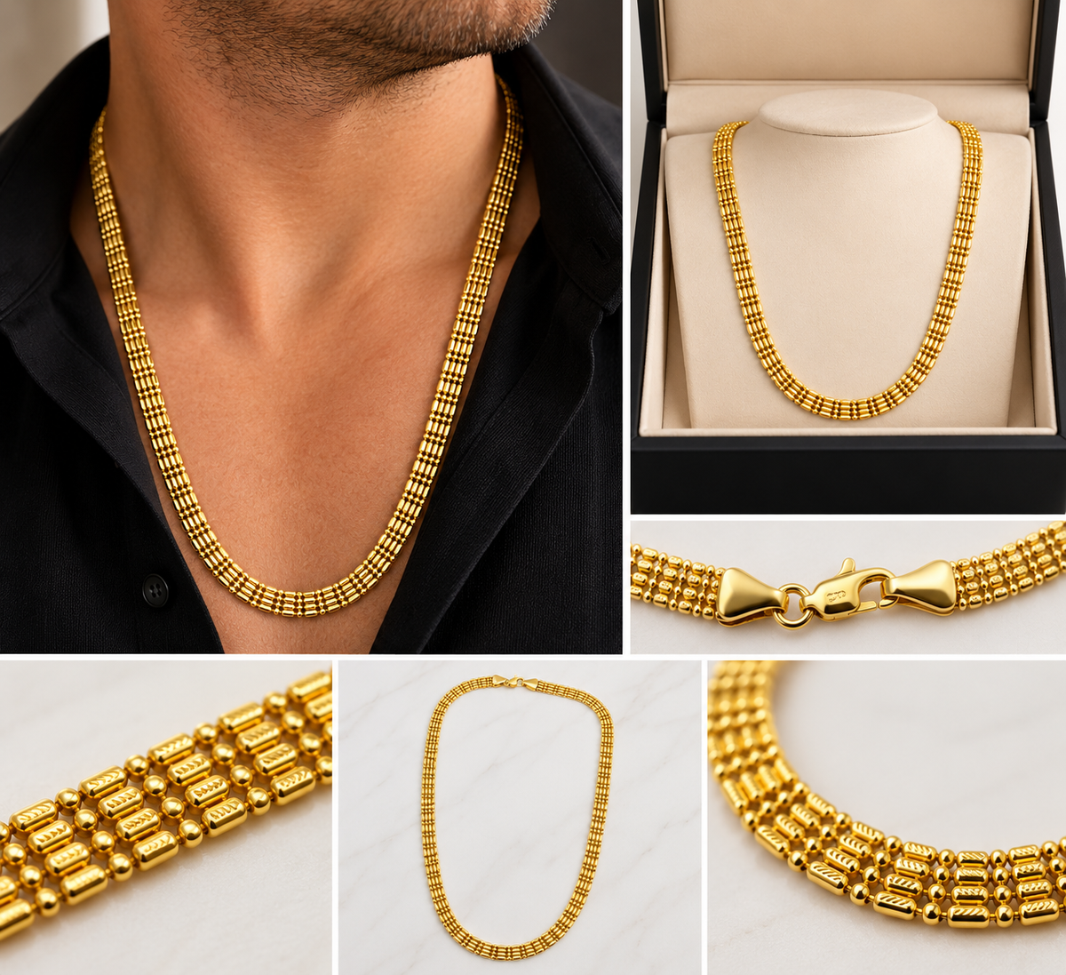14KT Yellow Gold Handmade Textured Bricklay Link Pattern Necklace