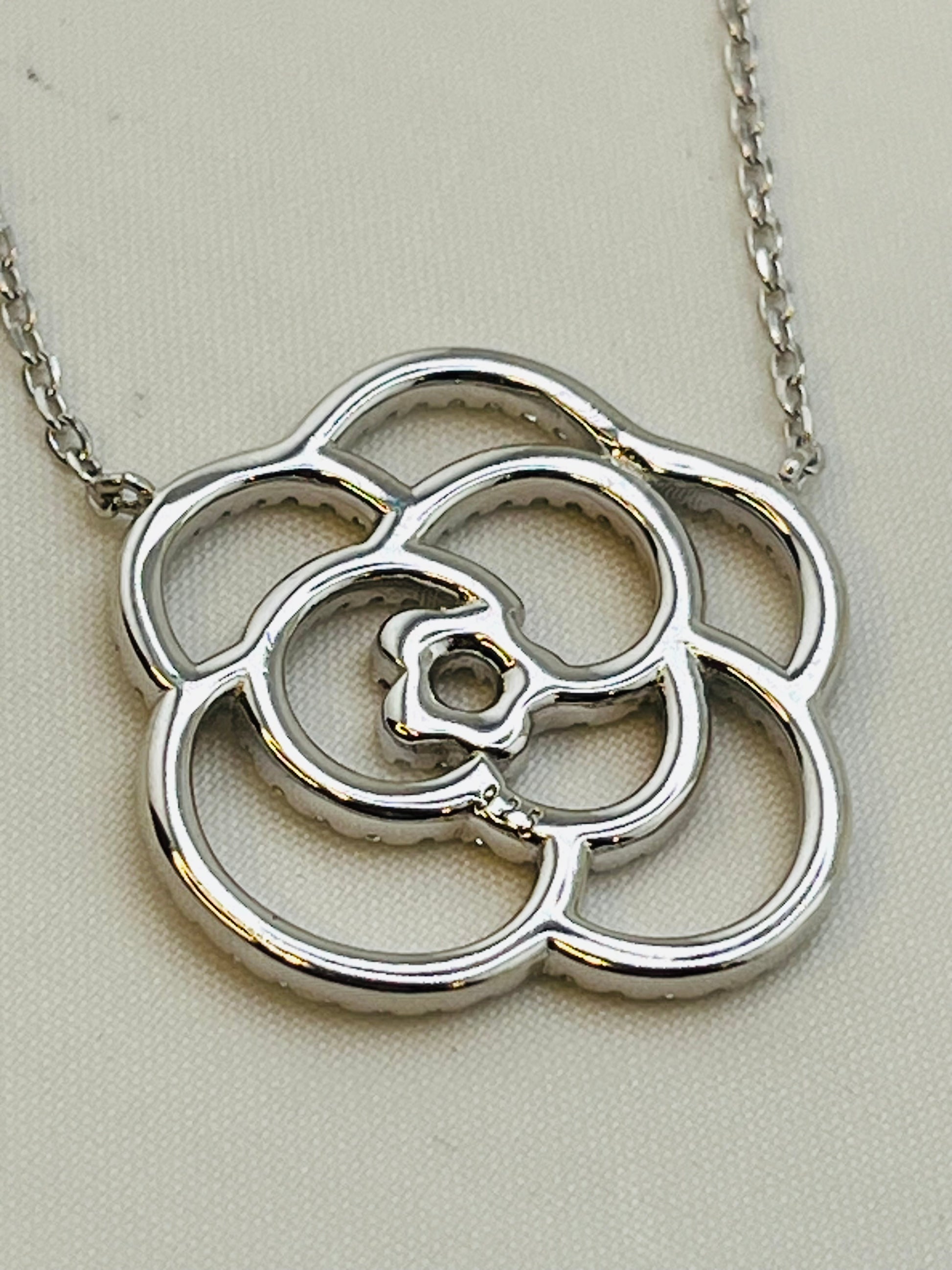 925 Sterling Silver Crystal Pave Camelia Flower Pendant