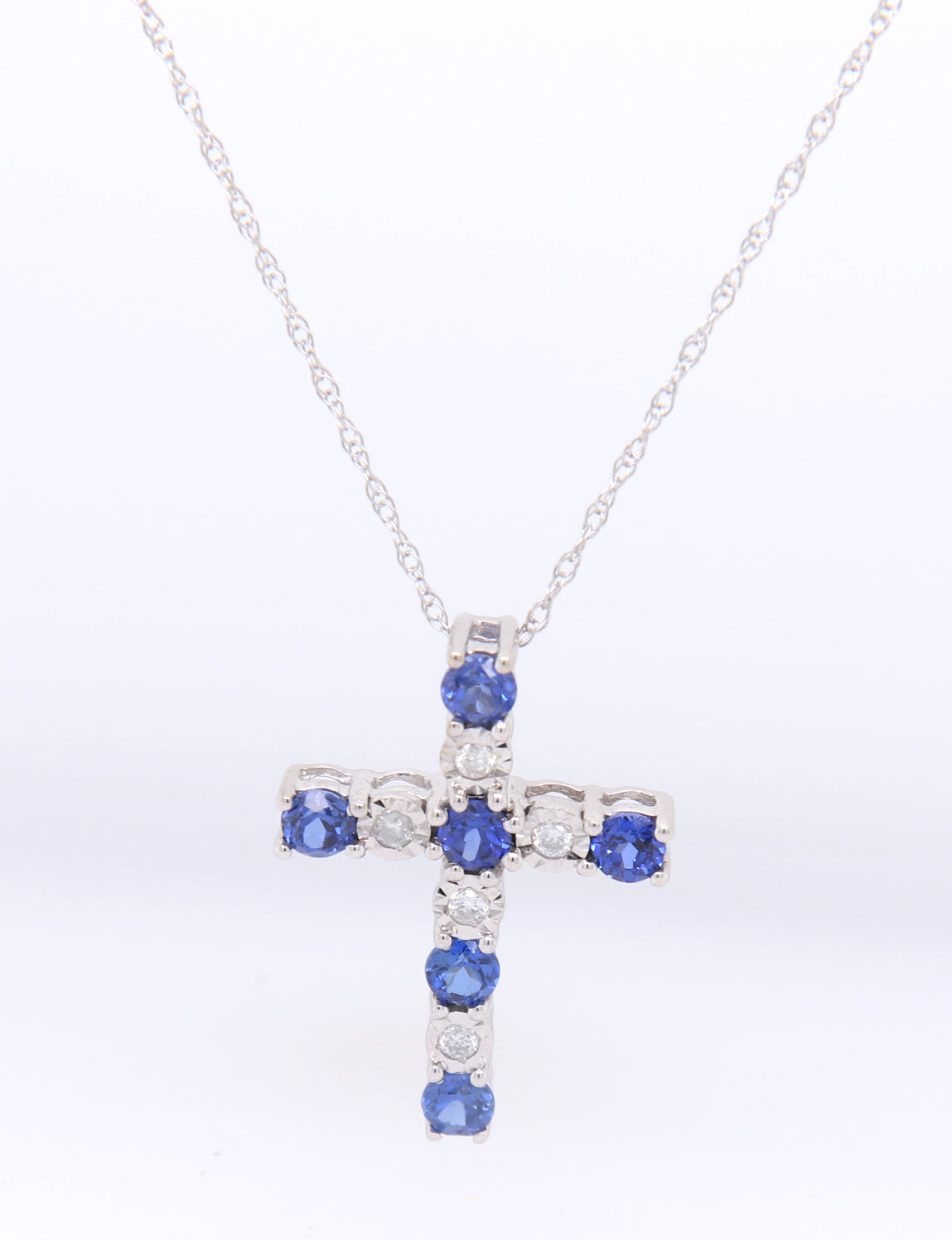 Fantastic White Gold Sapphire and Diamond accent Cross Pendant on Chain