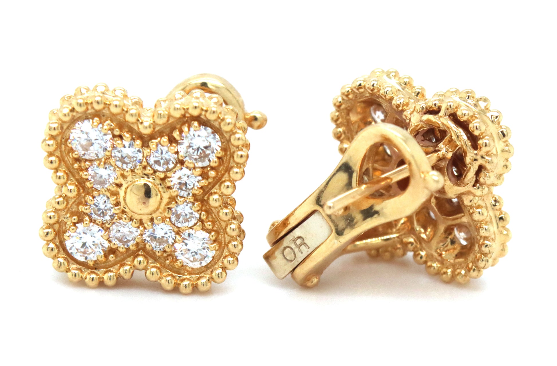 18KT Yellow Gold Hand Crafted Full Diamind pave Clover Earrings