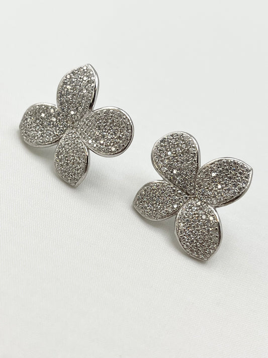 925 Sterling Silver Crystal Pave Four Petal Floral Motif Earrings