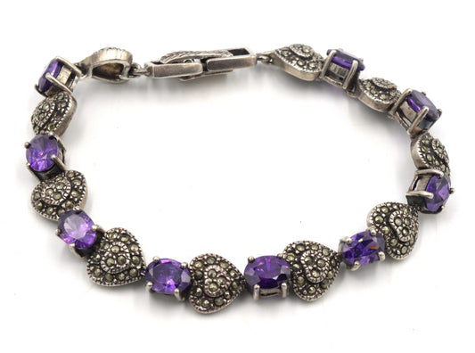 925 Sterling silver marcasite and amethyst link bracelet