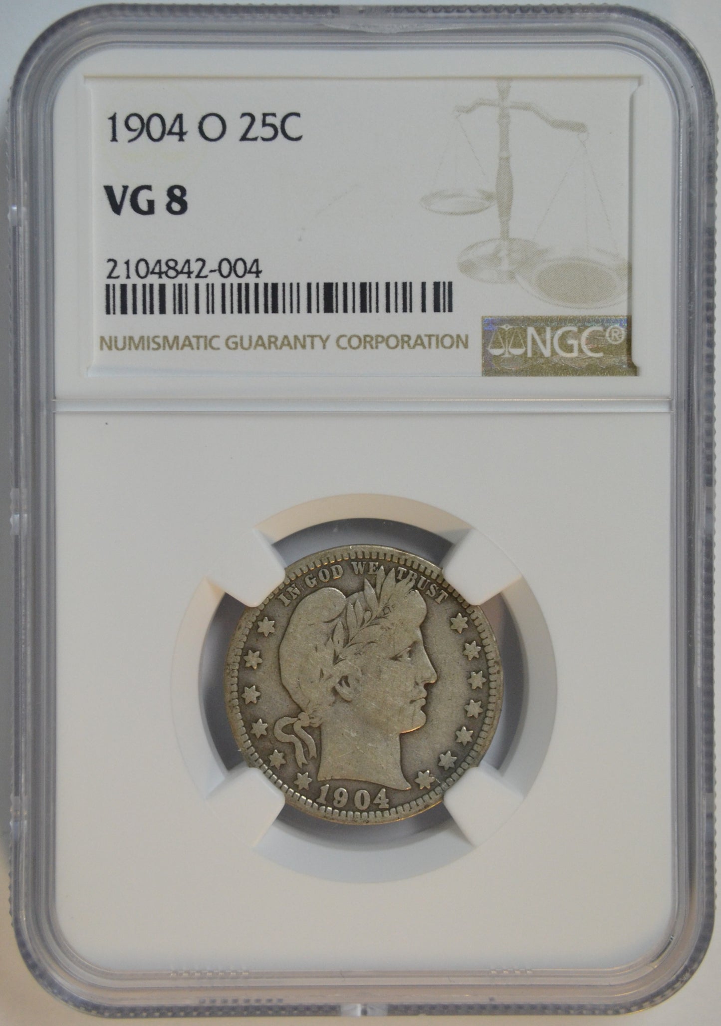 1904-O Barber Quarter 25C NGC VG-8 Certified New Orleans Mint Silver Quarter