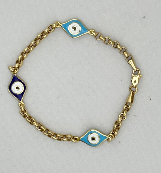 14KT Yellow Gold Two Different Enamel Color Evil Eye With Rolo link Chain