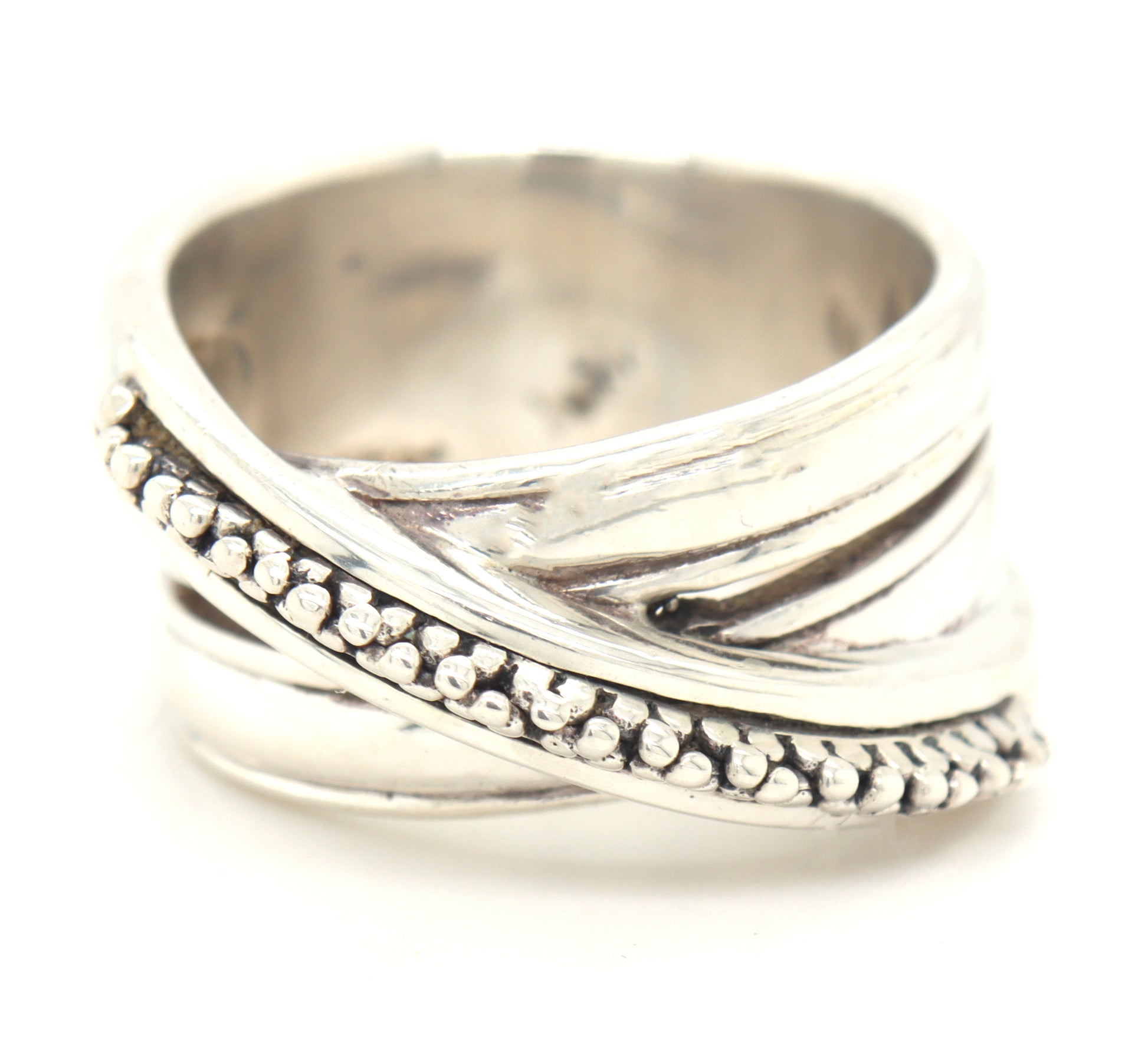 Michael Dawkins bead cross over ring in 925 sterling silver
